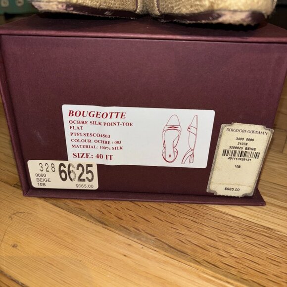 Womens Bougeotte Ochre Silk Point Toe 100% Silk Beige Flats Size 10